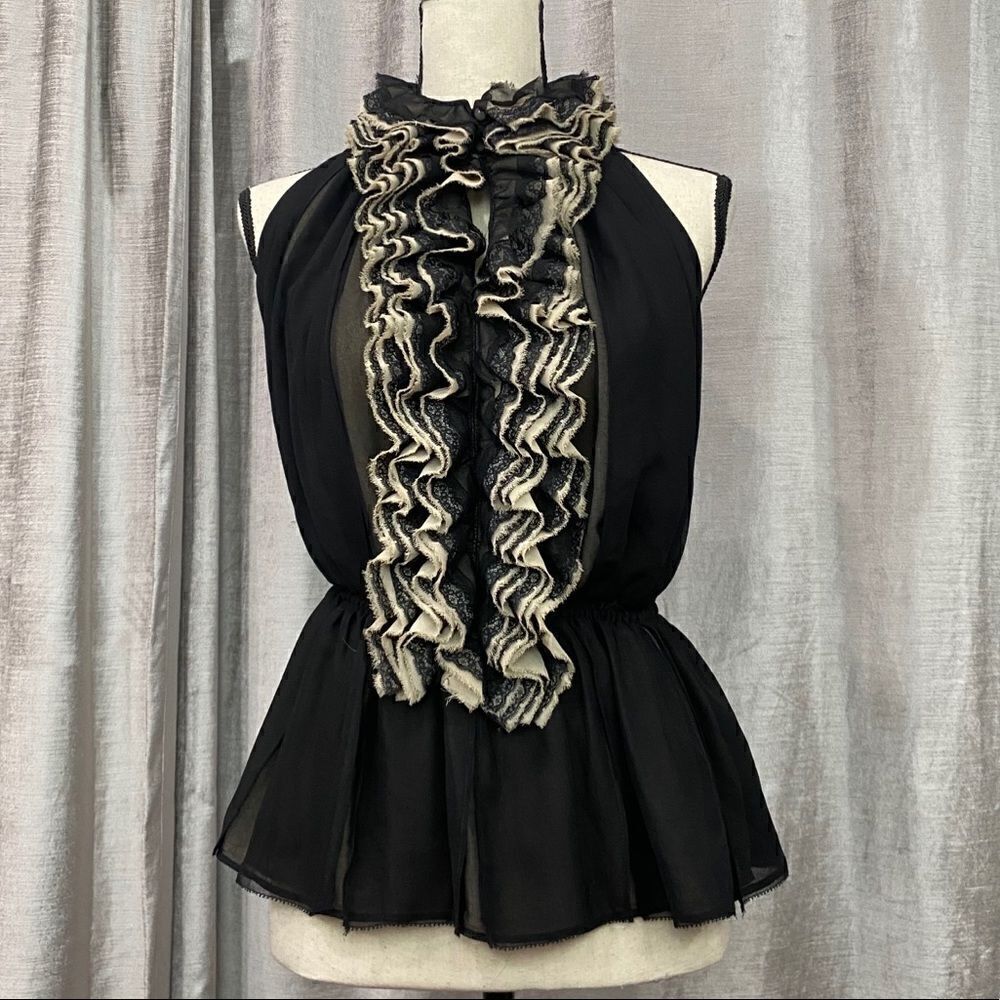 🌟 ROBERT RODRIGUEZ Ruffled Black & Cream Top - Picture 3 of 8